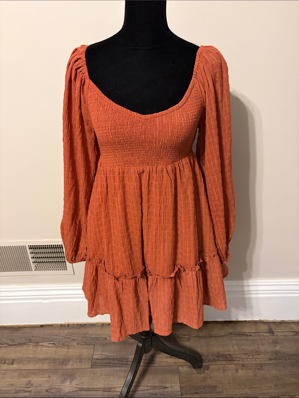 Flying Tomato Rust Orange Long-Sleeve Smocked Babydoll Dress